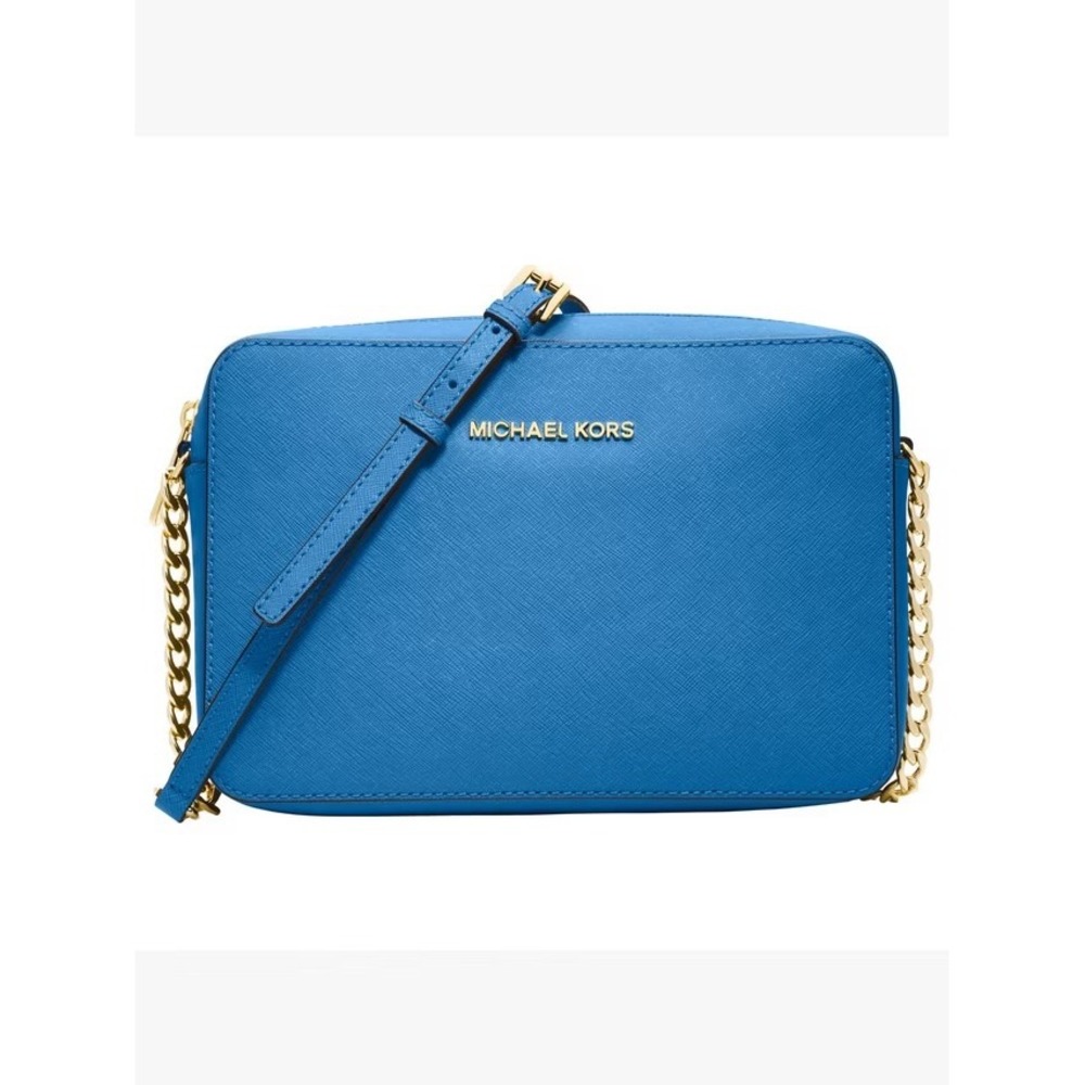 Michael Kors Jet Set East West Crossbody Bag Blue Saffiano Leather Gold Hardware